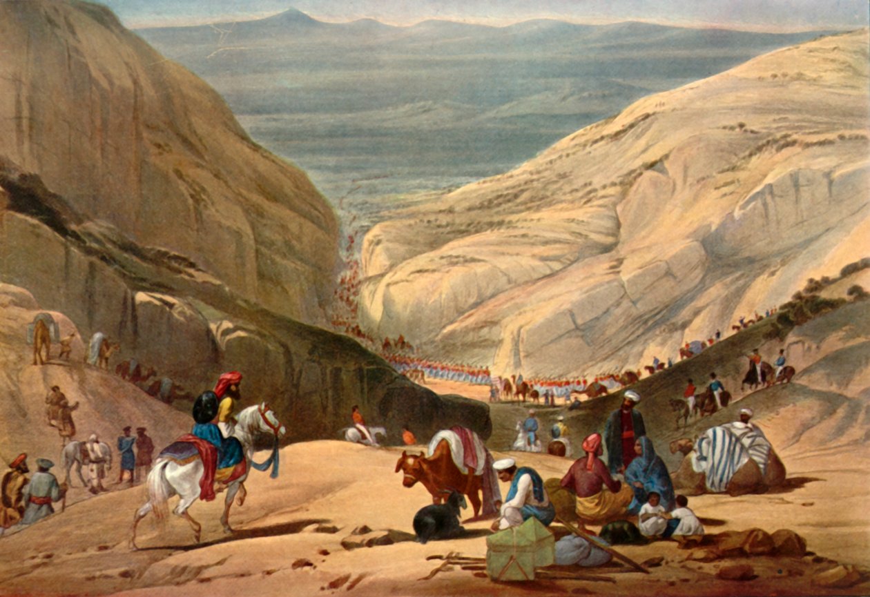 Hæren på vej fra Shutargardan-passet ind i Logar-dalen, c1840, 1901. af James Atkinson