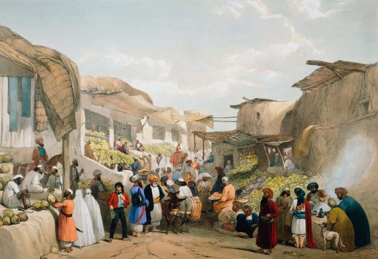 Bazaar i Kabul under frugtsæsonen, Første anglo-afghanske krig, 1838-1842 af James Atkinson