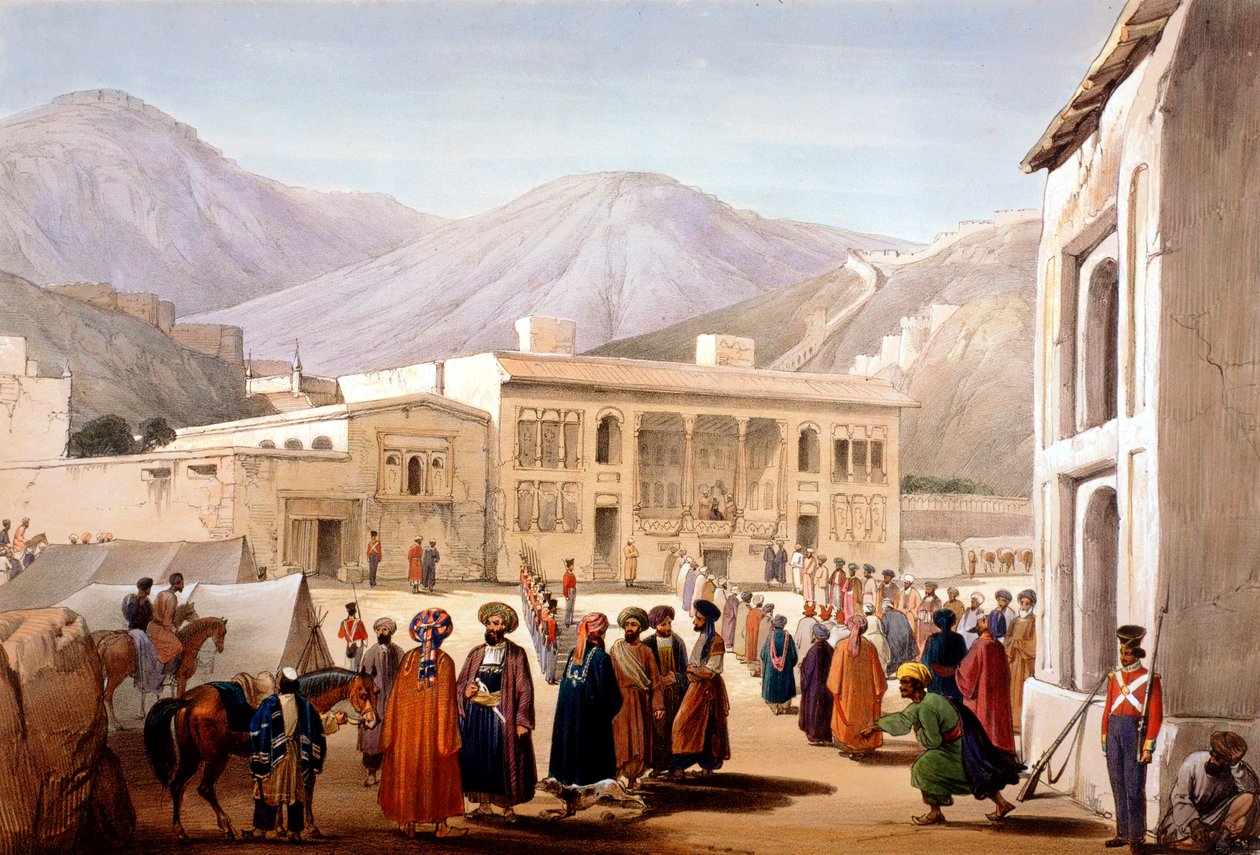 Shah Shoja, briternes marionet, holder en durbar i Kabul, Første anglo-afghanske krig, 1838-1842 af James Atkinson