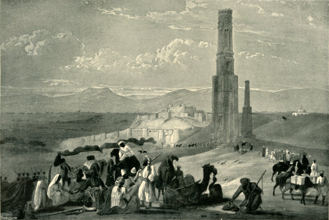 Fæstningen og citadellet i Ghazni og de to minarer, c1840, 1901. af James Atkinson