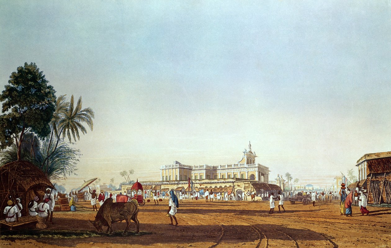 Lall Bazaar og det portugisiske kapel, Calcutta, indgraveret af Robert Havell, pub. 1824 af James Baillie Fraser