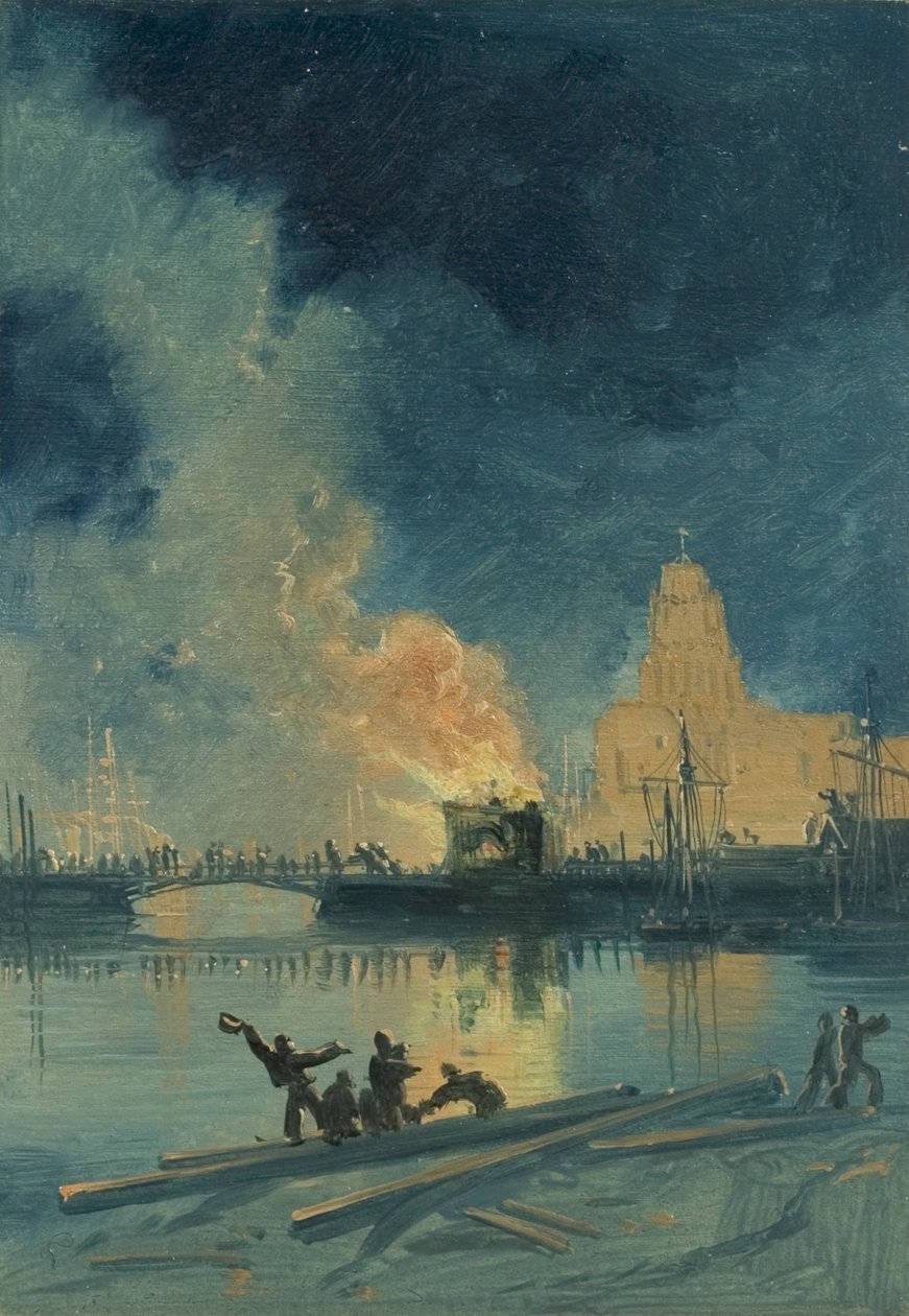 Bristol Riots: Burning Toll House på Prince Street Bridge, ca. 1832 (olie på papir) af James Baker Pyne