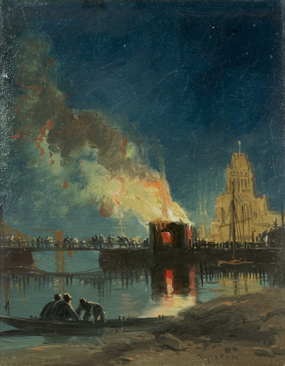 Bristol Riots: The Burning of the Toll Houses, Prince Street Bridge, ca. 1831 (olie på papir) af James Baker Pyne