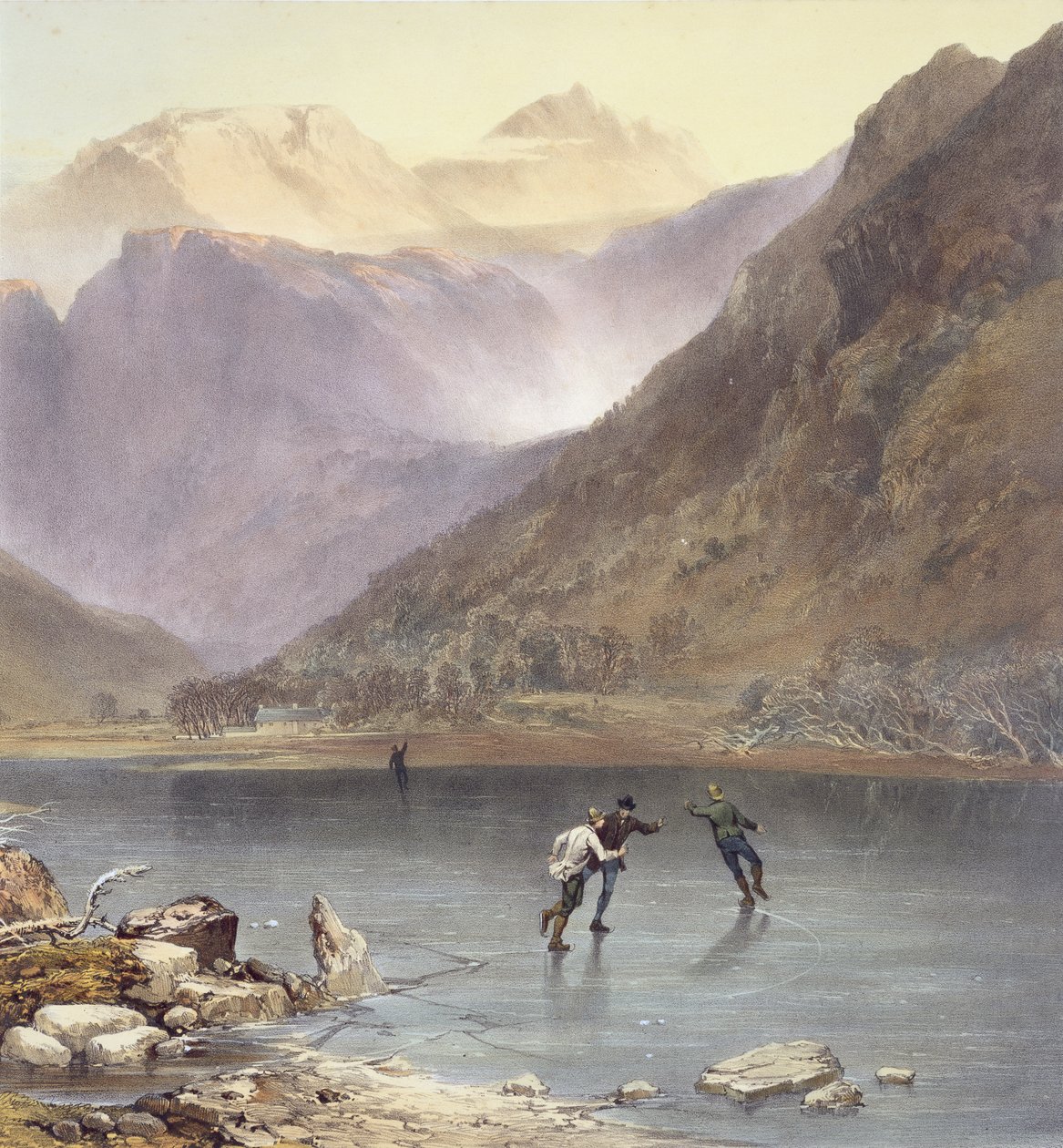 Brothers Water, detalje af skøjteløbere, fra The English Lake District, 1853 litho detalje af 90428 af James Baker Pyne