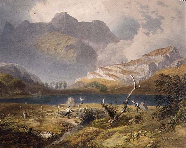 Langdale Pikes, detalje af tjernet, fra "The English Lake District", 1853 af James Baker Pyne