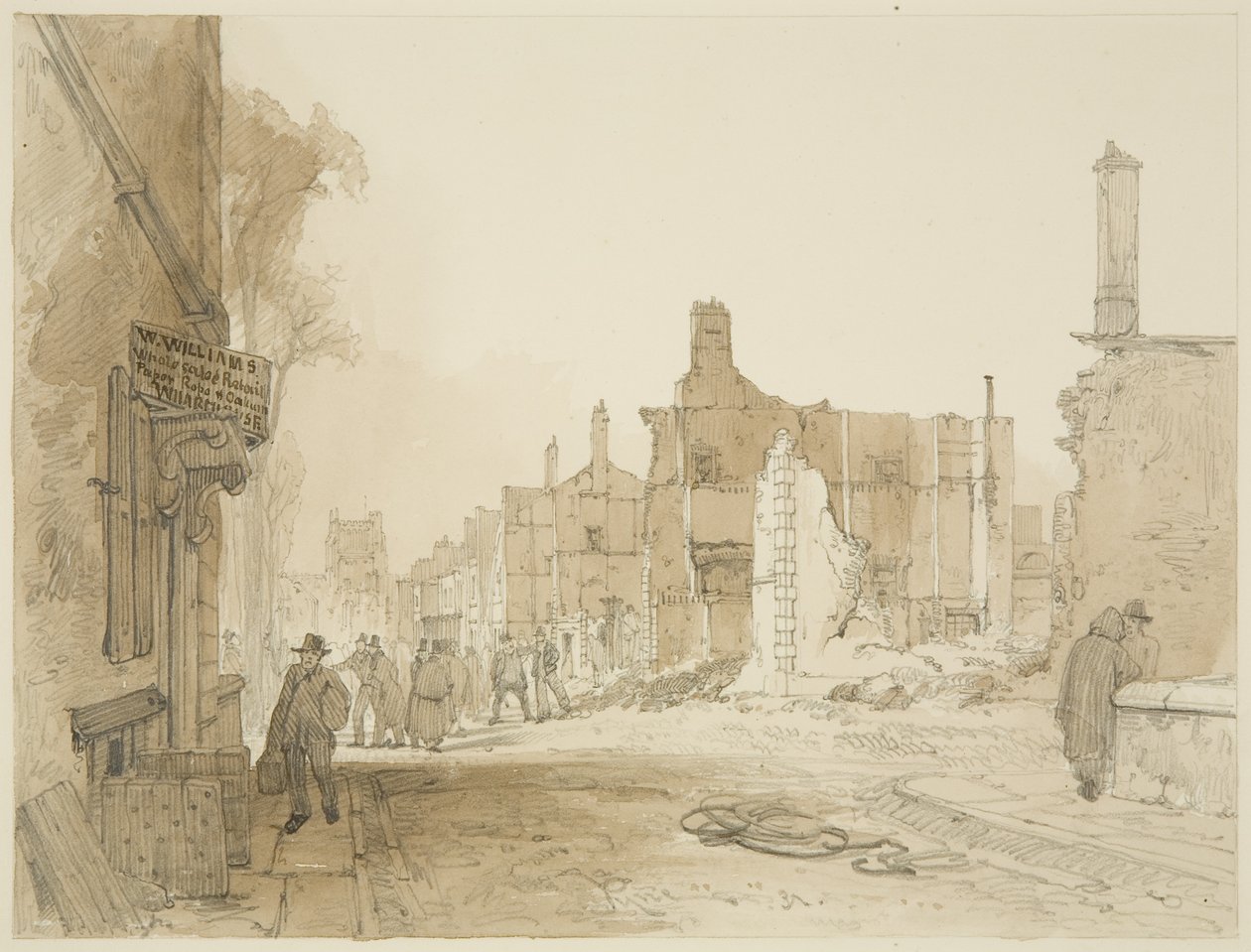 Ruinerne af Mansion House og Custom House på Queen Square efter optøjerne (blyant og akvarel på papir) af James Baker Pyne
