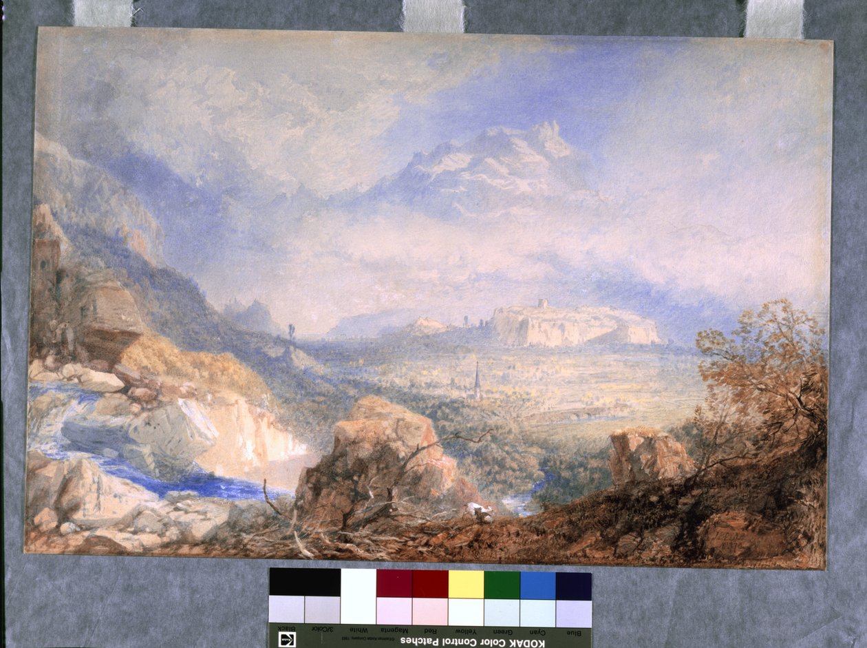 Rhônedalen med byen og citadellet i Sion, i Schweiz (akvarel og gouache på råhvidt papir) af James Baker Pyne
