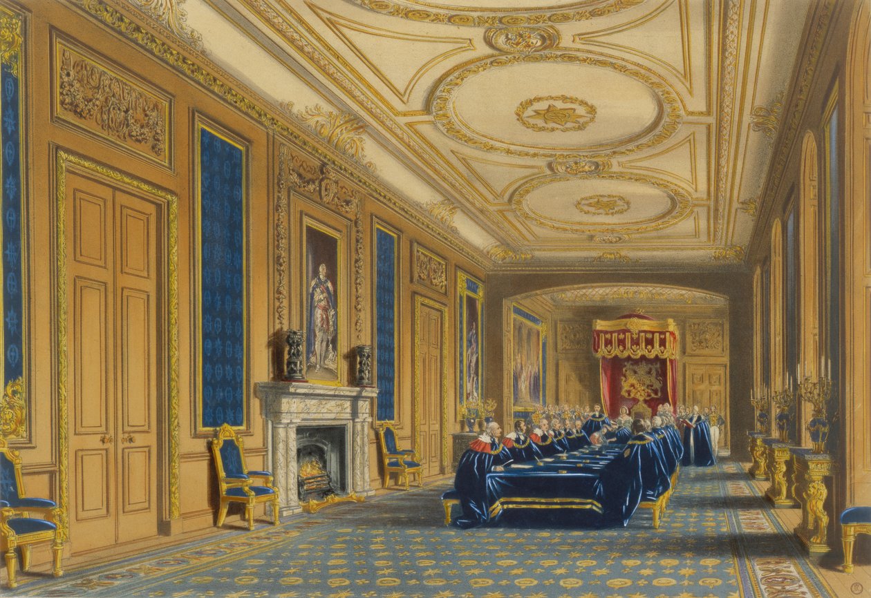 Throne Room, Windsor Castle - Installation of the Order of the Garter, 1838 af James Baker after Pyne