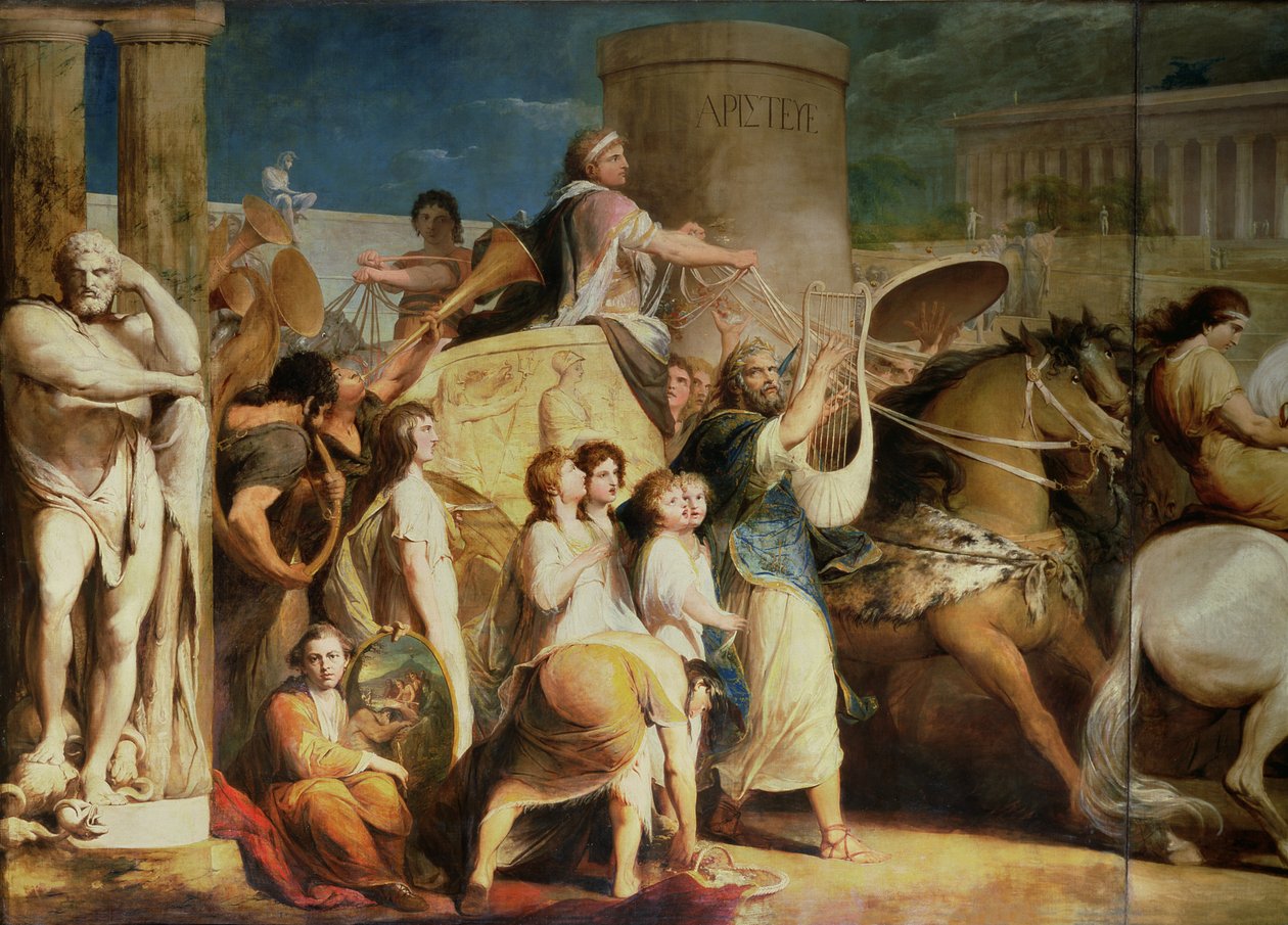 Crowning the Victors at Olympia, tredje i serien "The Progress of Human Culture and Knowledge", detaljer om vognføreren, Hiero fra Syracuse og sejrherrer, ca. 1777-84 af James Barry