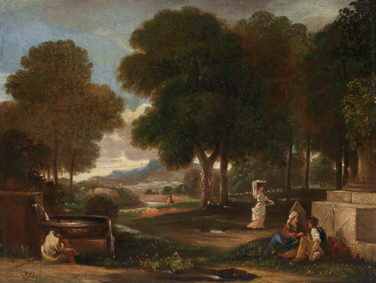 Landschaft mit einem Mann, der seine Füße an einem Brunnen wäscht af James Barry