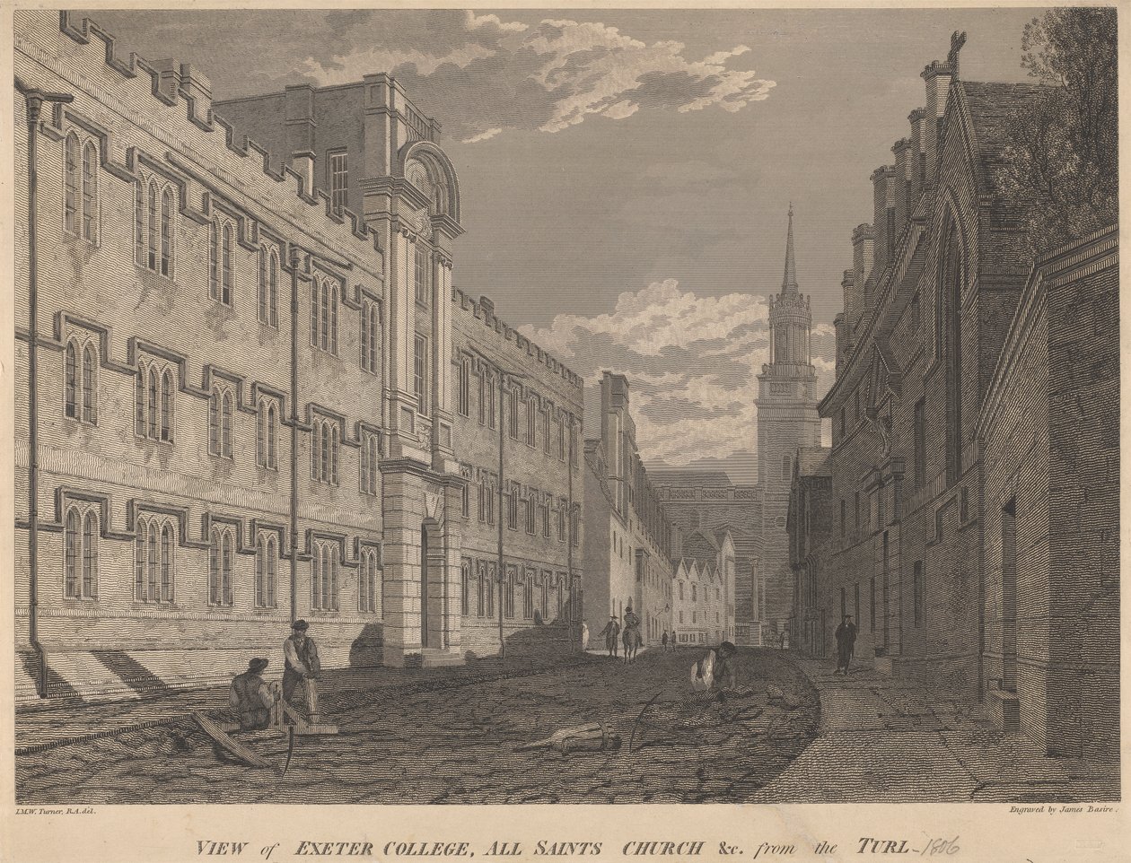 Udsigt over Exeter College, All Saints Church, fra Turl af James Basire
