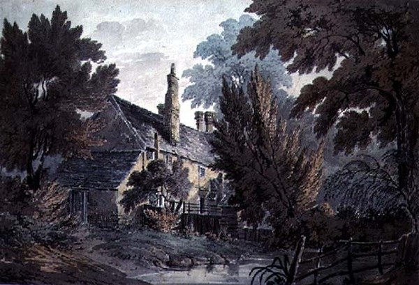 Landskab med hus ved en dam, 1800-tallet af James Bourne