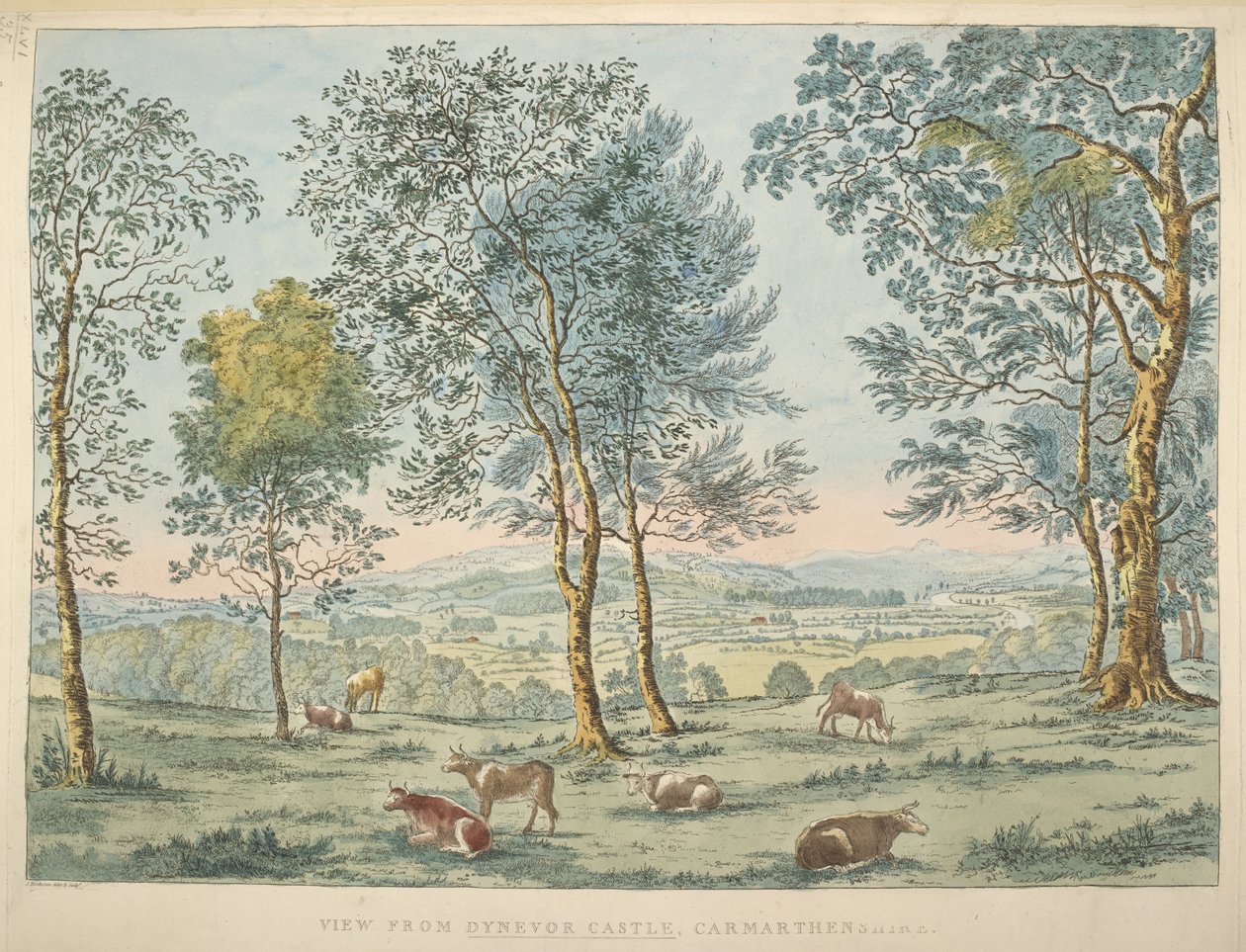 Kort K, Top 46. 35 c Udsigt fra Dynevor Castle, Carmarthen (håndfarvet radering) af James Bretherton