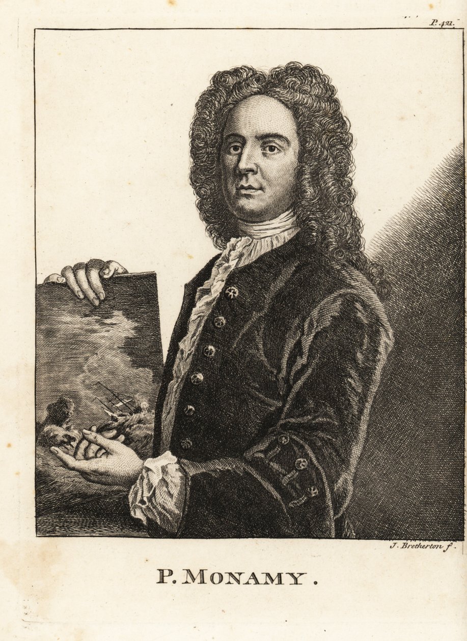 Portræt af Peter Monamy, engelsk marinemaler, der holder en maritim scene af James Bretherton