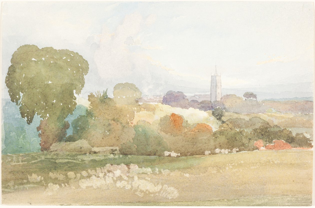 Landskab med kirketårn, 1828. af James Bulwer