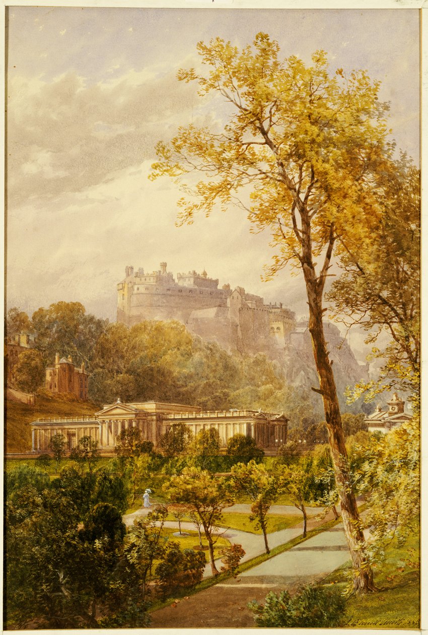 En udsigt over Princes Street Gardens og National Gallery, Edinburgh, der ser mod vest mod slottet, 1855 af James Burrell Smith
