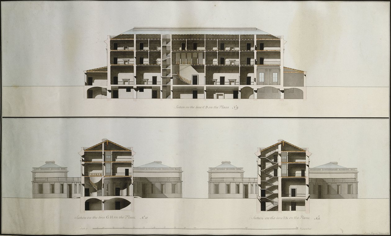 Design til et nyklassisk hus for Lord Charleville: Tre sektioner af James Byres