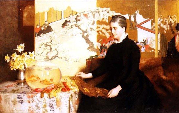 Dame med japansk skærm og guldfisk (portræt af kunstnerens mor) af James Cadenhead
