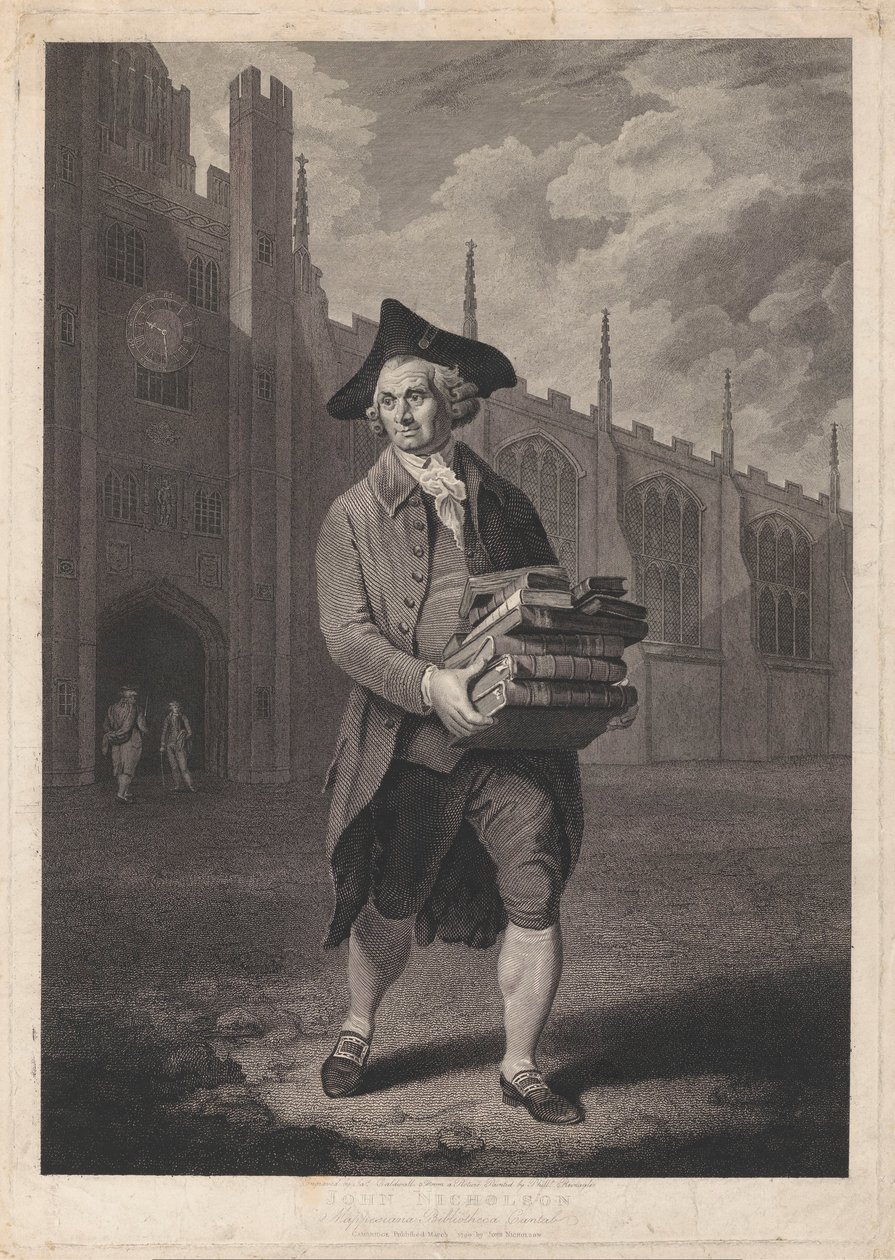 Portret af John Nicholson John Nicholson Mappesiana Bibliotheca Cantab (titel på objekt) af James Caldwall