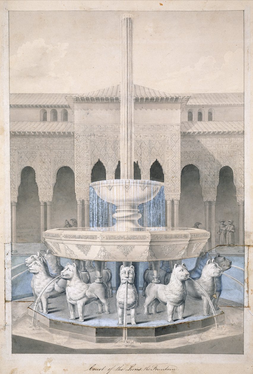 Fountain in the Court of the Lions, Alhambra, fra The Arabian Antiquities of Spain, udgivet 1815 (håndfarvet gravering) af James Cavanagh Murphy