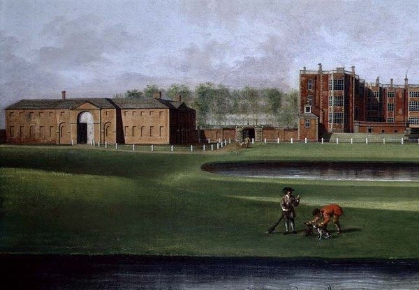 Udsigt over Temple Newsam House, detalje af rideskolen, ca. 1750 (olie på lærred) (se også 128852) af James Chapman