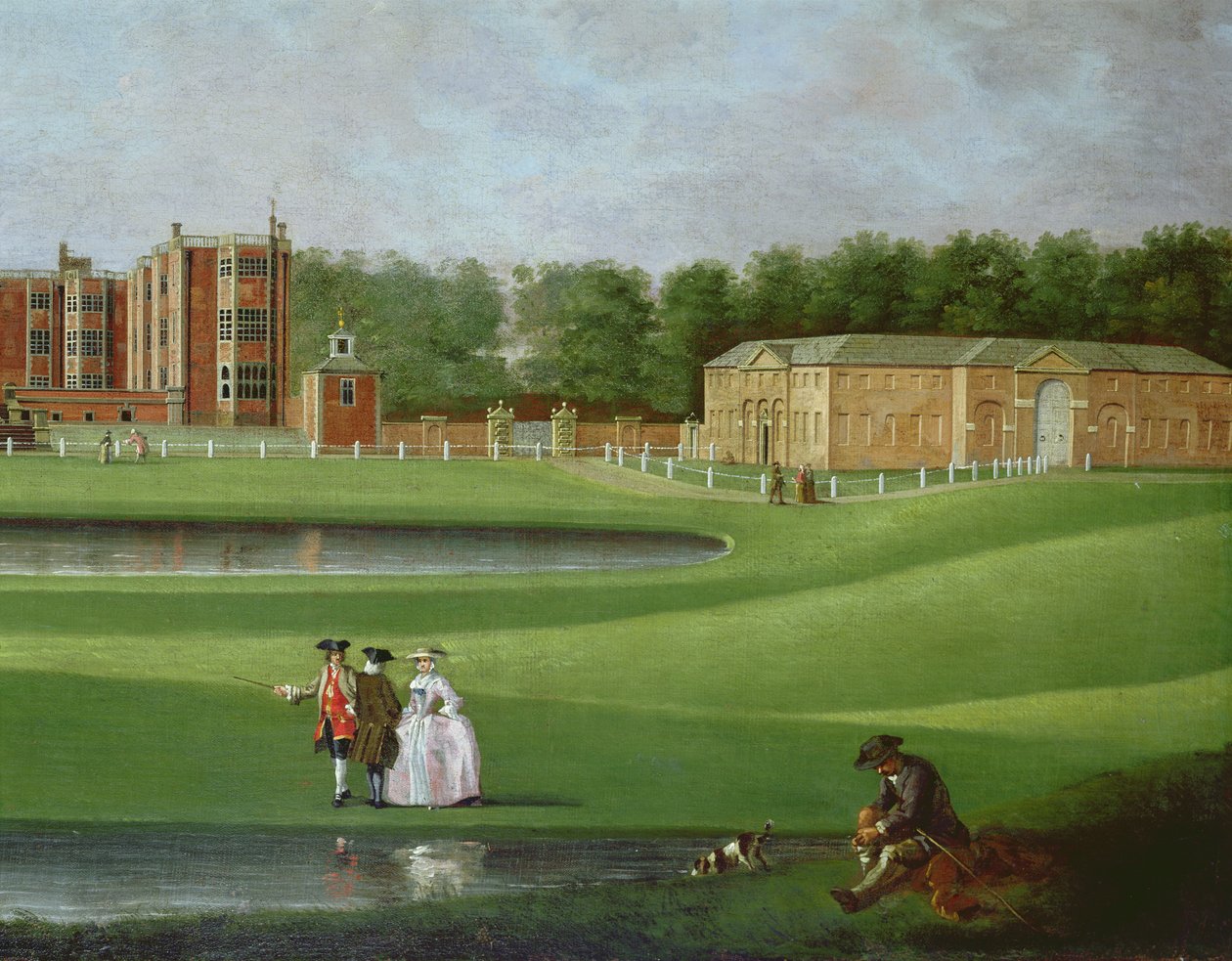 Udsigt over Temple Newsam House, detalje af staldblokken, ca. 1750 (olie på lærred) (se også 128852) af James Chapman