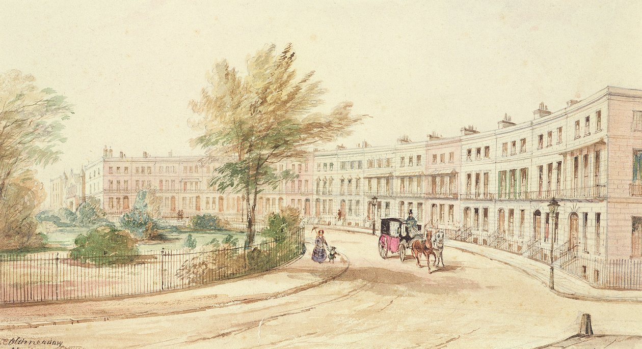 Royal Crescent, Cheltenham, ca. 1850 (wc på papir) af James Charles Oldmeadow