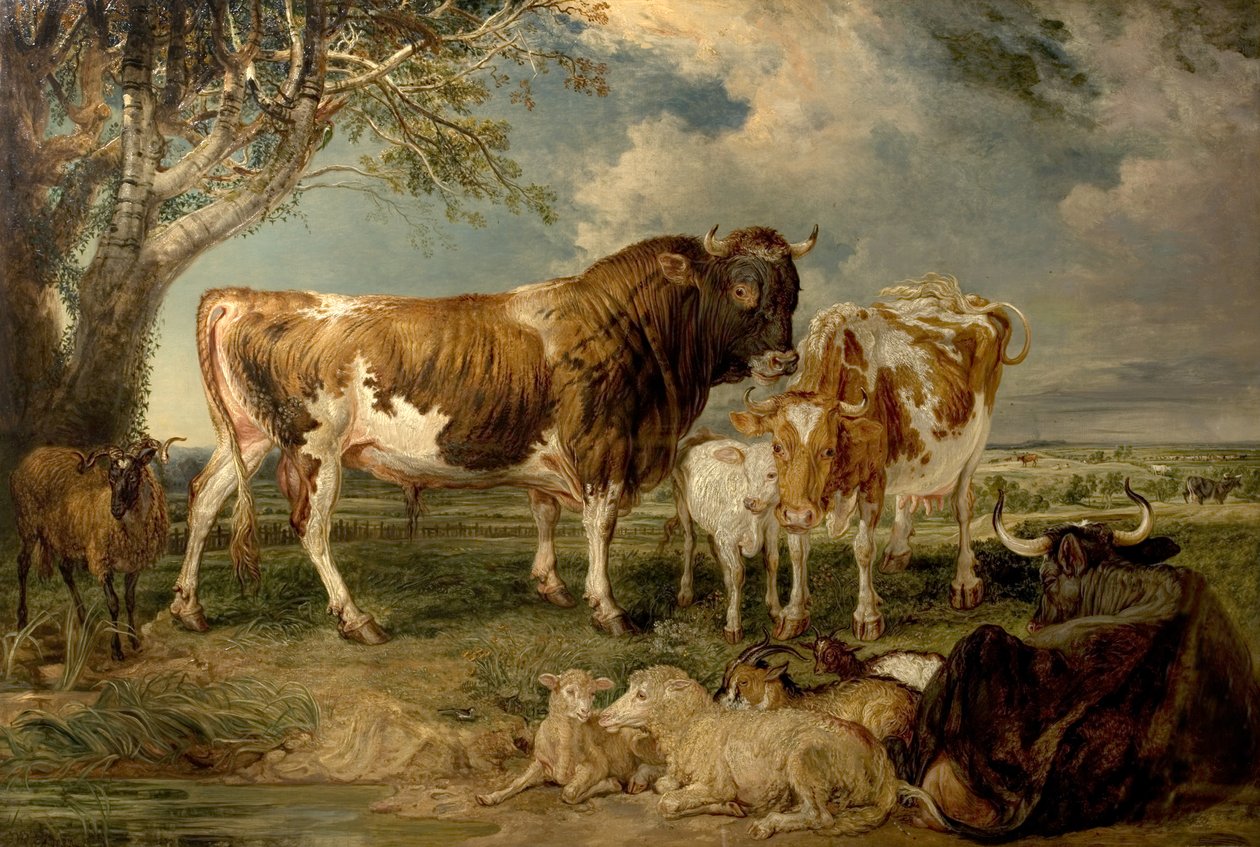 Tyr, ko og kalv i et landskab, 1837 af James Charles Ward