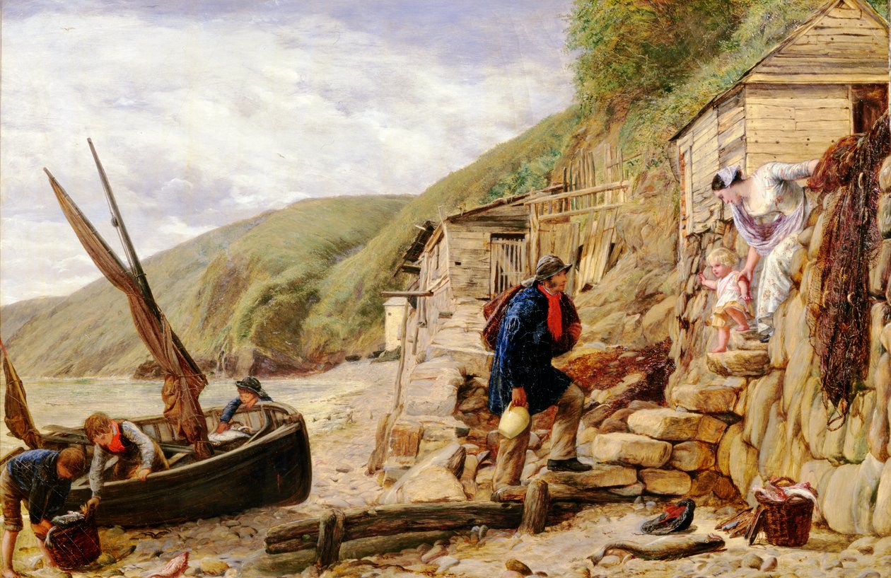 Velkommen, Bonny Boat! Fiskerens hjemkomst, scene ved Clovelly, North Devon, 1856 af James Clarke Hook