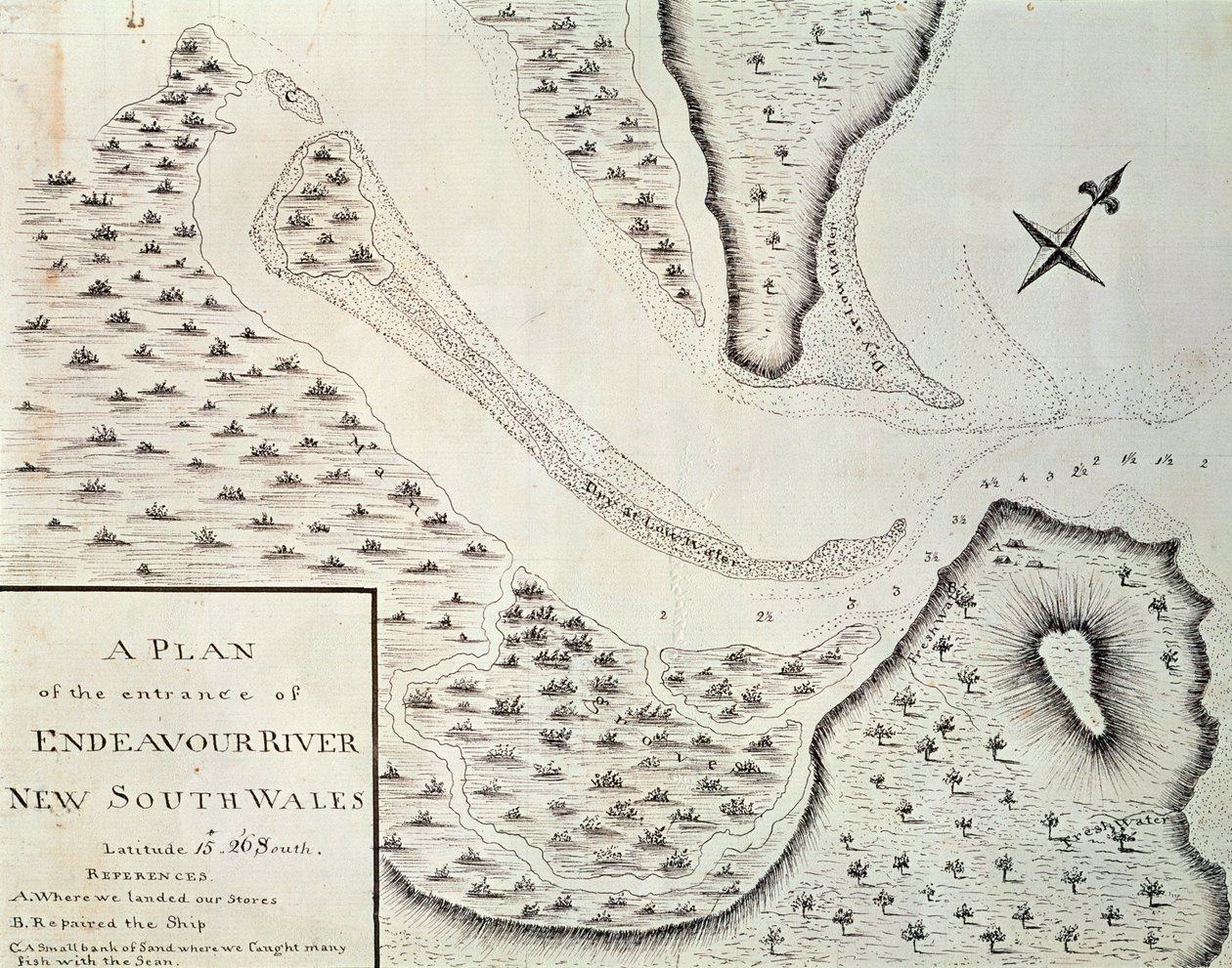 Kort over indgangen til Endeavour River, kort fra beretningen om den første tur ledet af James Cook (1728-1779) mellem 1768 og 1771, Australien af James Cook