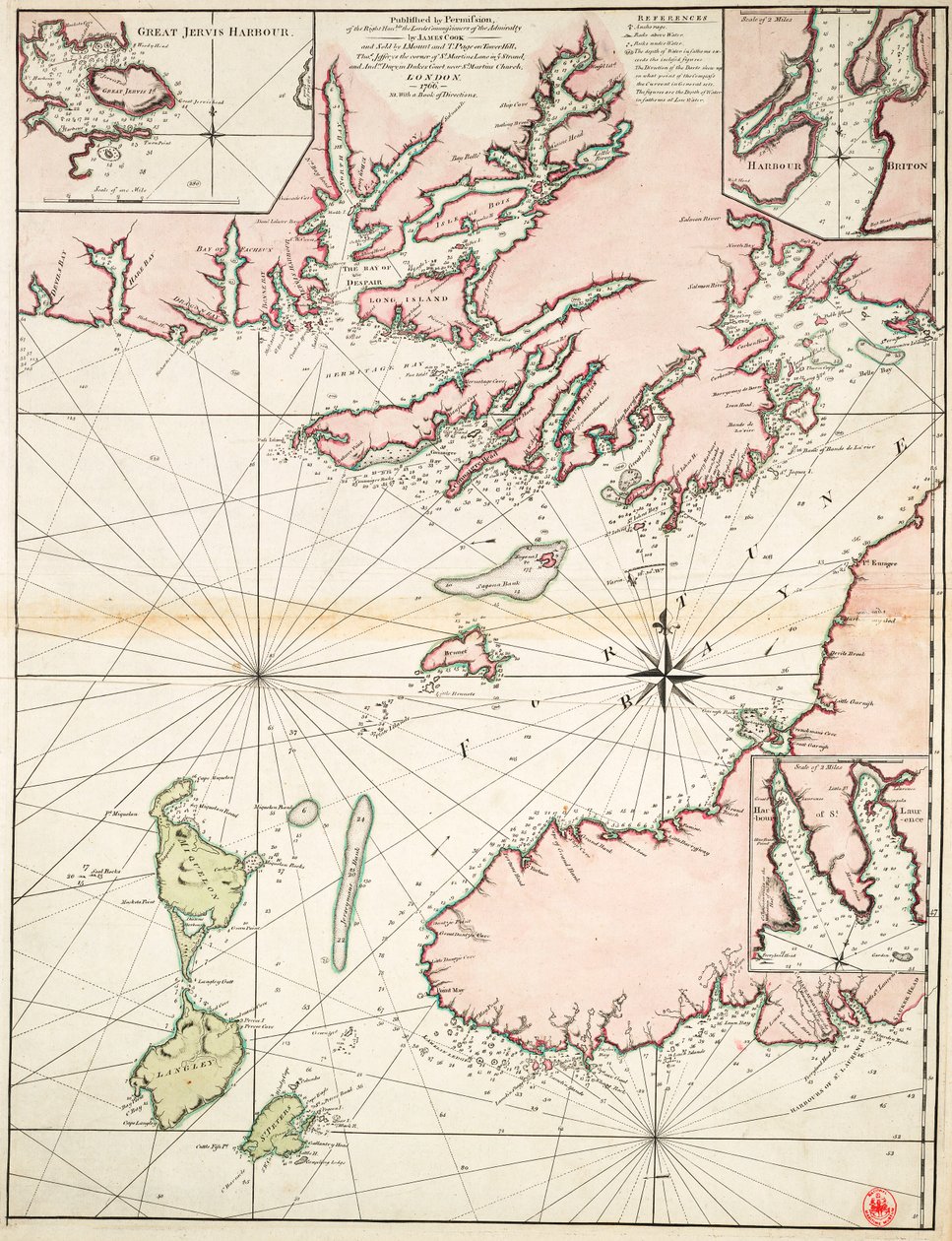 En del af Newfoundlands sydkyst inklusive Fortune Bay af James Cook