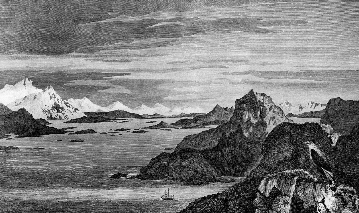 View of Christmas Sound, Tierra del Fuego, tegning af William Hodges, gravering af William Watts, illustration fra Voyage against South Pole, and Round World, af James Cook (1728-1779), udgave udgivet i Paris i 1778 af James Cook