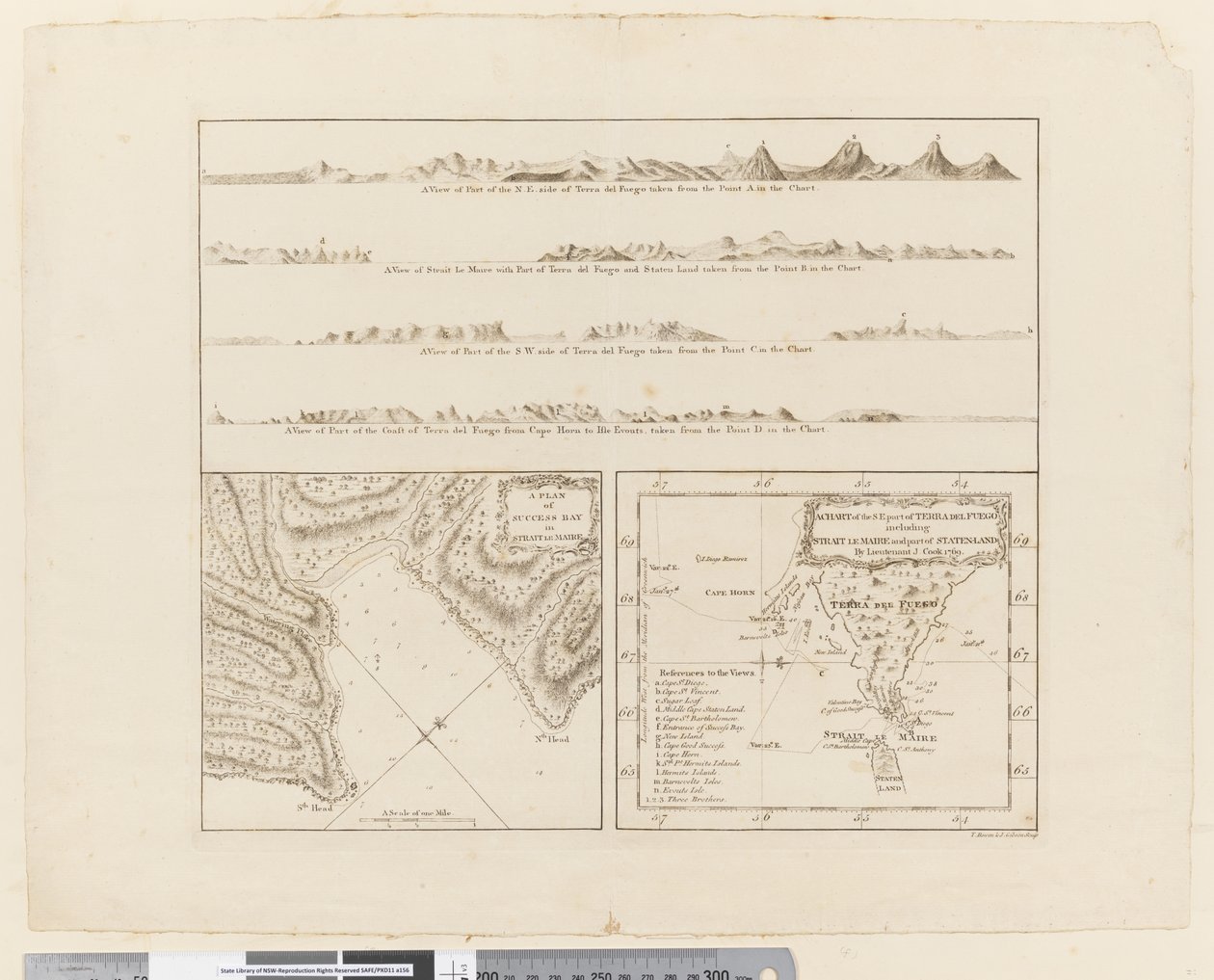 ii. (a) Fire profiler af kysten ved Terra del Fuego (b) En plan over Success Bay i Strait le Maire (c) Et kort over S.E. del af Terra del Fuego, graveret af T. Borven og J. Gibson af James Cook