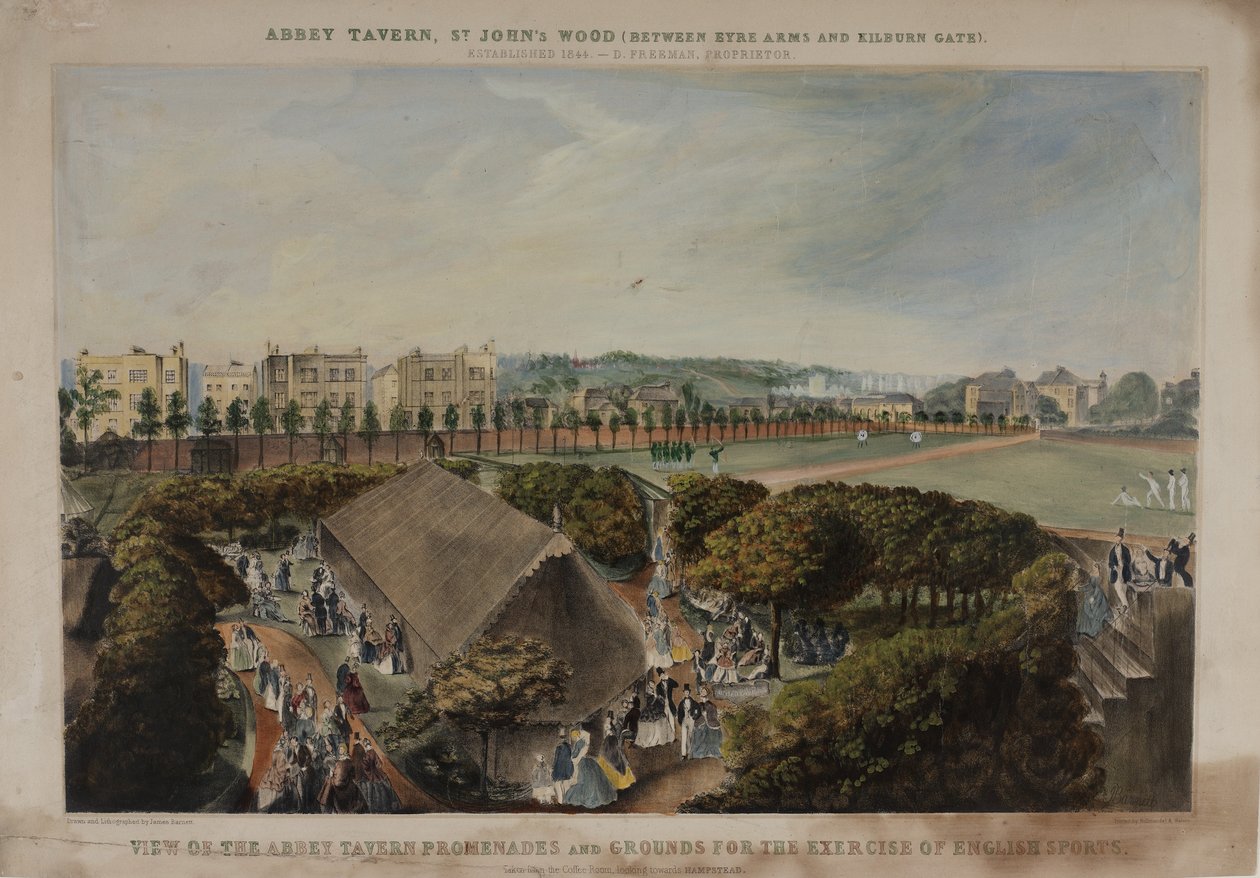 Udsigt over Abbey Taverns promenader og grunde, Violet Hill, Marylebone, ca. 1870 af James D Barnett