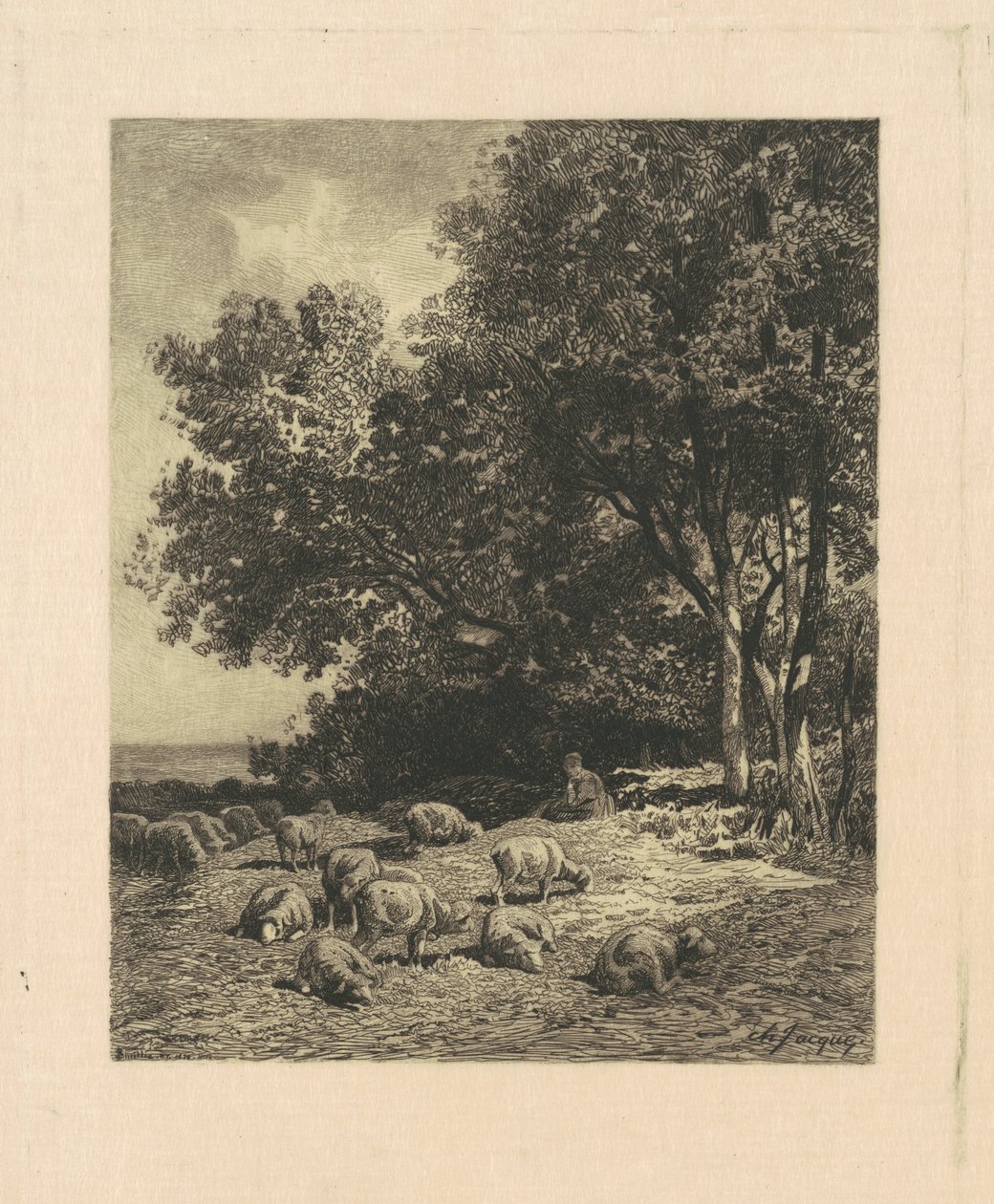 Landskab med får af James David Smillie, after Charles Émile Jacque