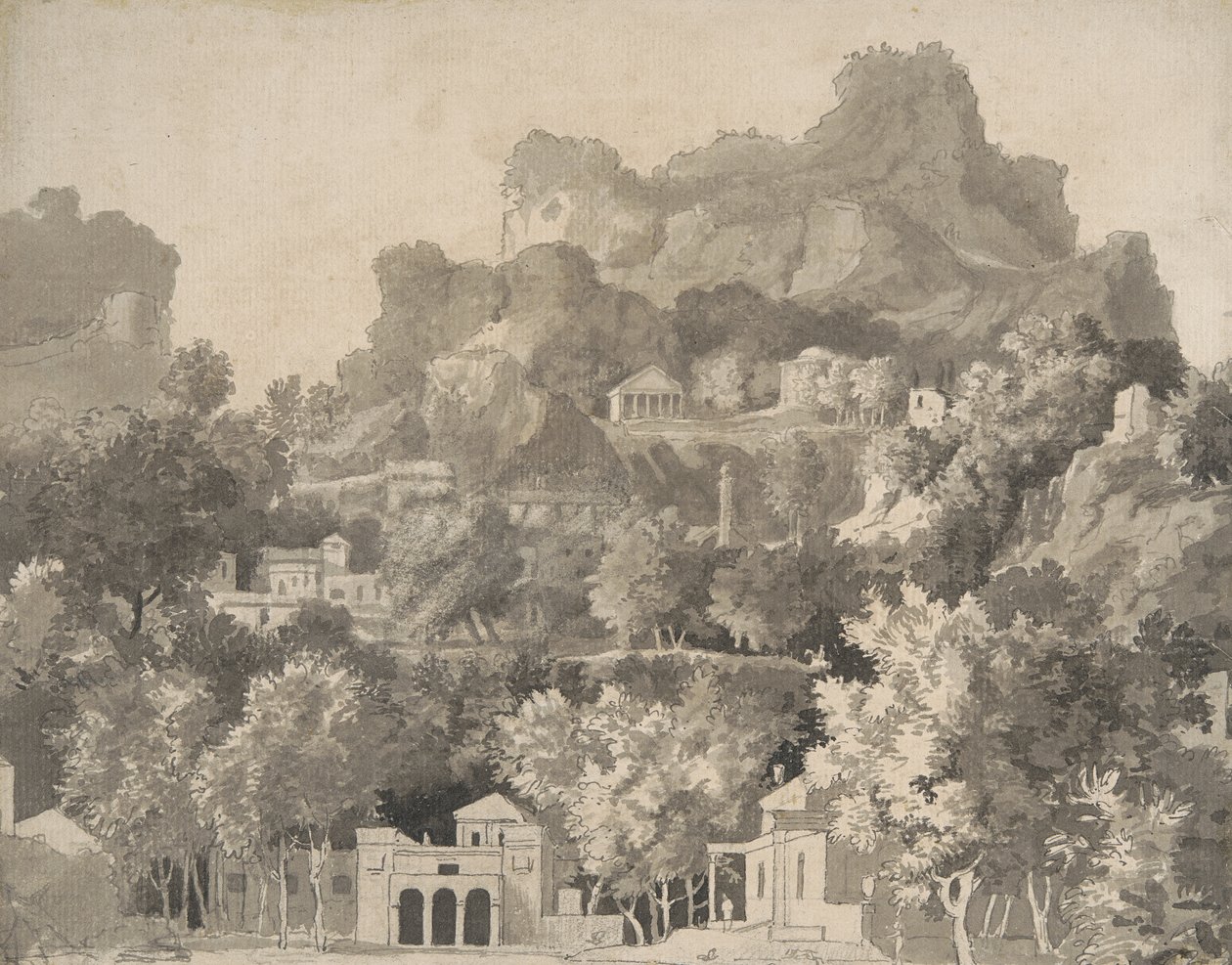 Klippelandskab med klassiske bygninger, ca. 1745 (pen og blæk med vask på papir) af James Deacon