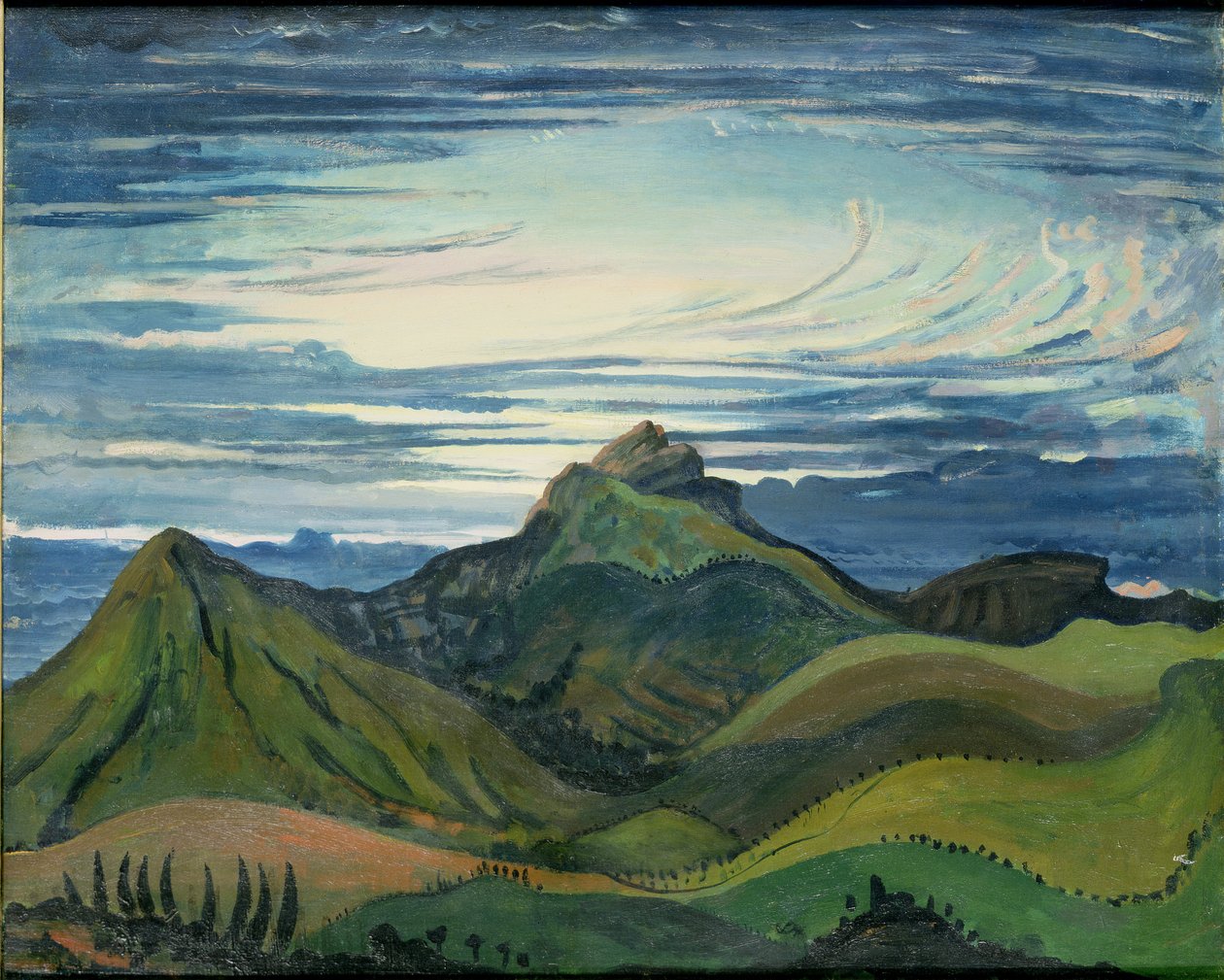 Solnedgang i Pyrenæerne, ca. 1912-13 af James Dickson Innes