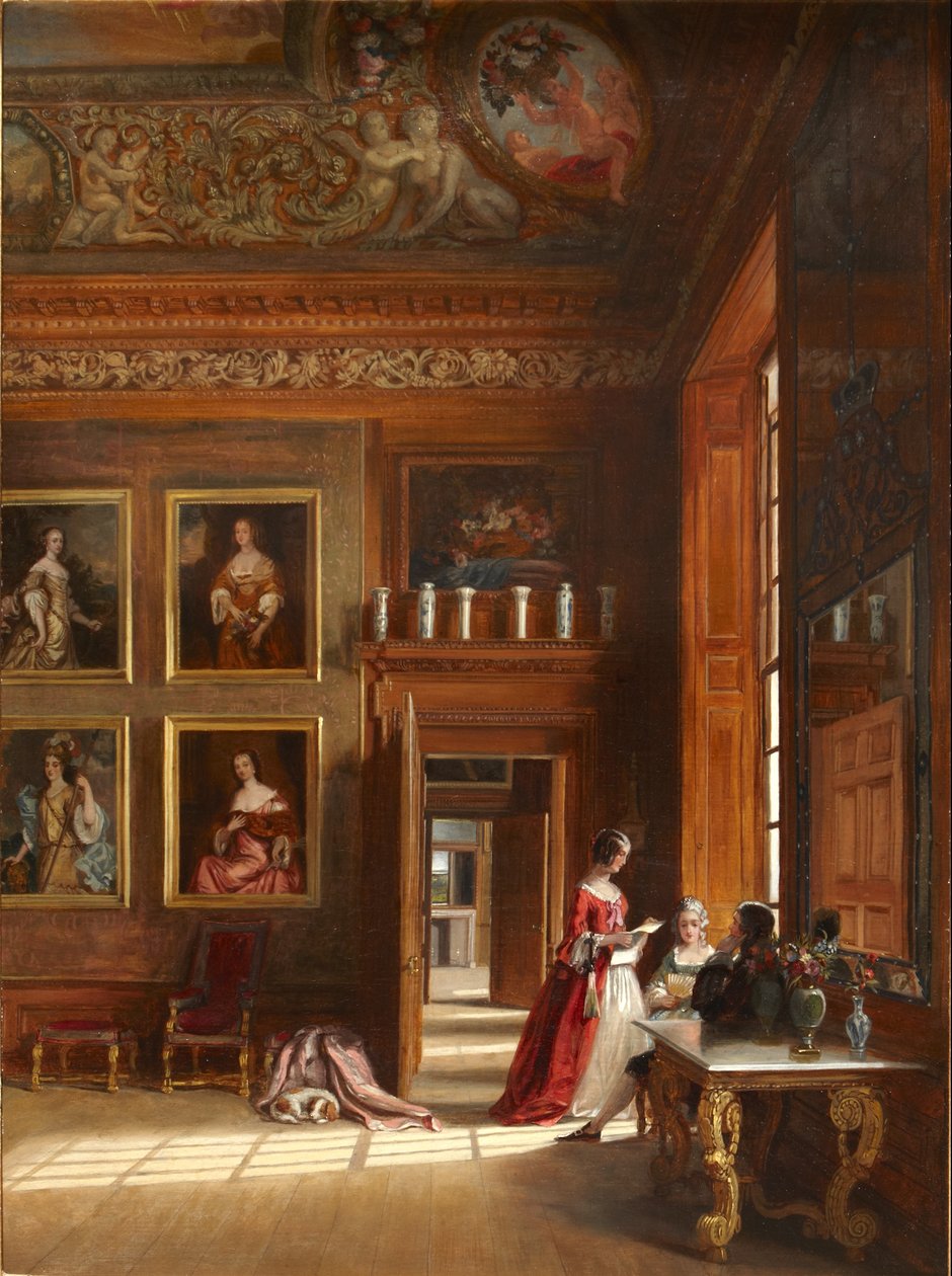 En romantisk udsigt over Kongens Store Sengekammer med en gruppe mennesker i kostume fra det 17. århundrede, ca. 1703-05 (olie på lærred) af James Digman Wingfield