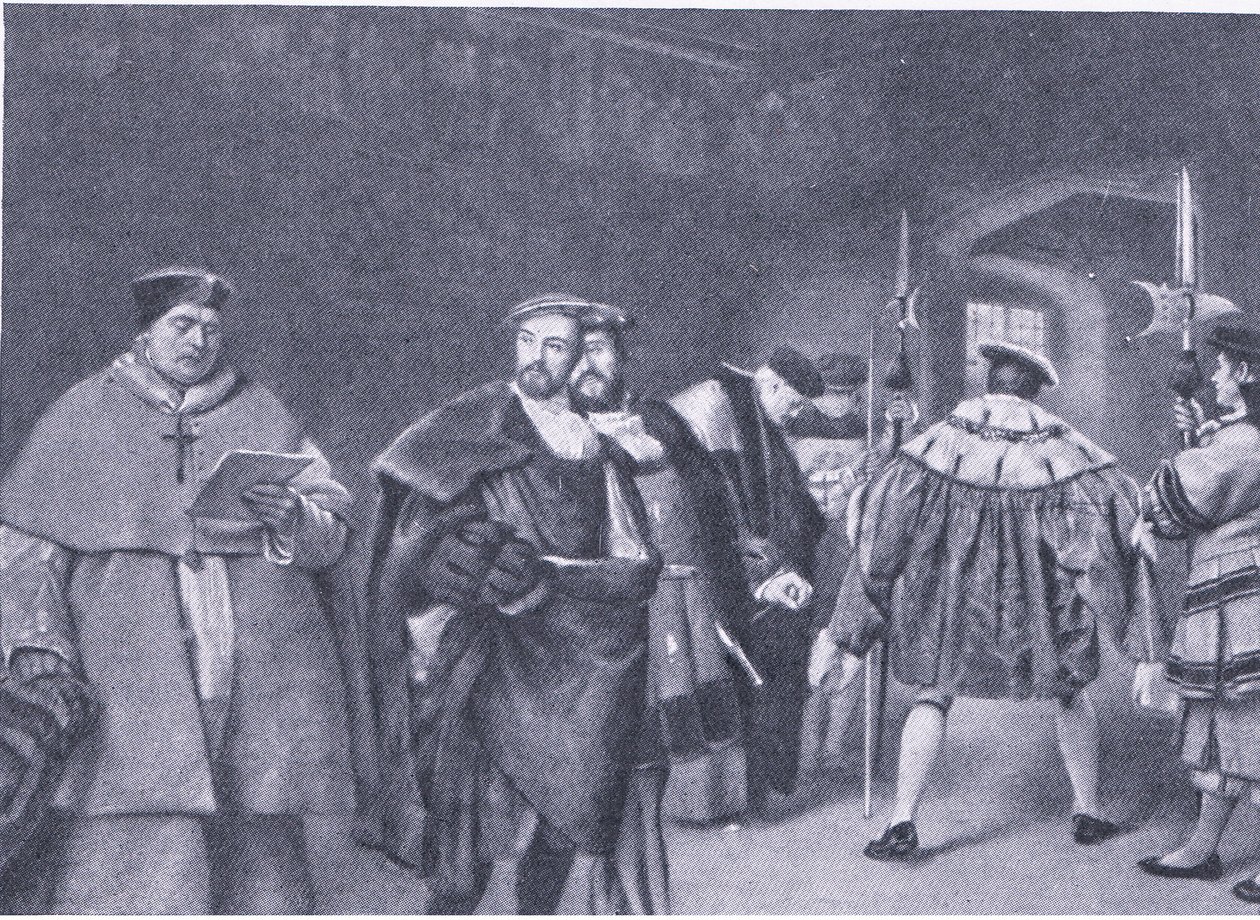 Afskedigelse af kardinal Wolsey af kong Henry VIII, fra Cassells History of the British People udgivet af Waverley Book Company, ca. 1950