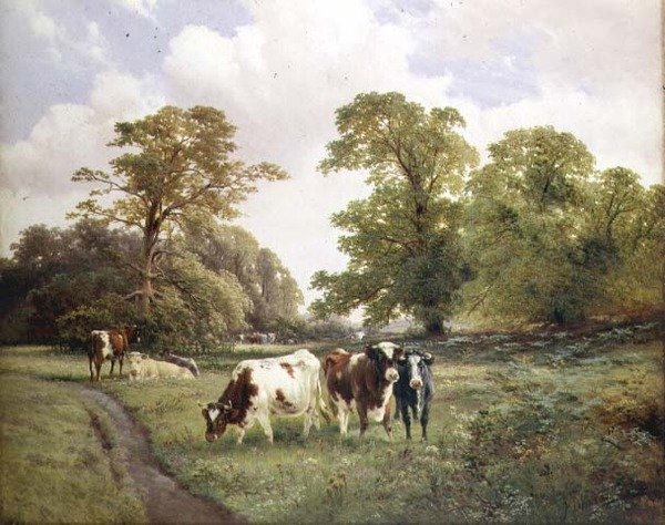 Kvæg græsser ved en sti i et skovklædt landskab af James Duffield Harding