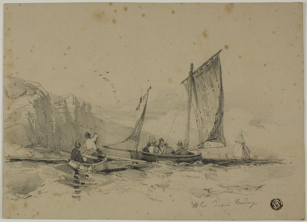 Fiskebåde i nærheden af klipper af James Duffield Harding