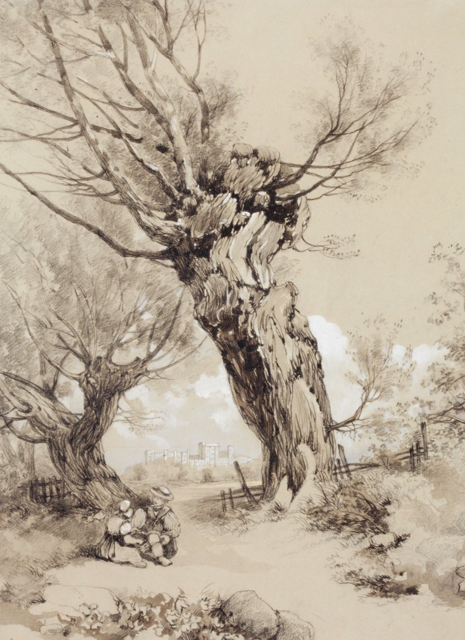 Landskab med figurer under beskårne træer af James Duffield Harding