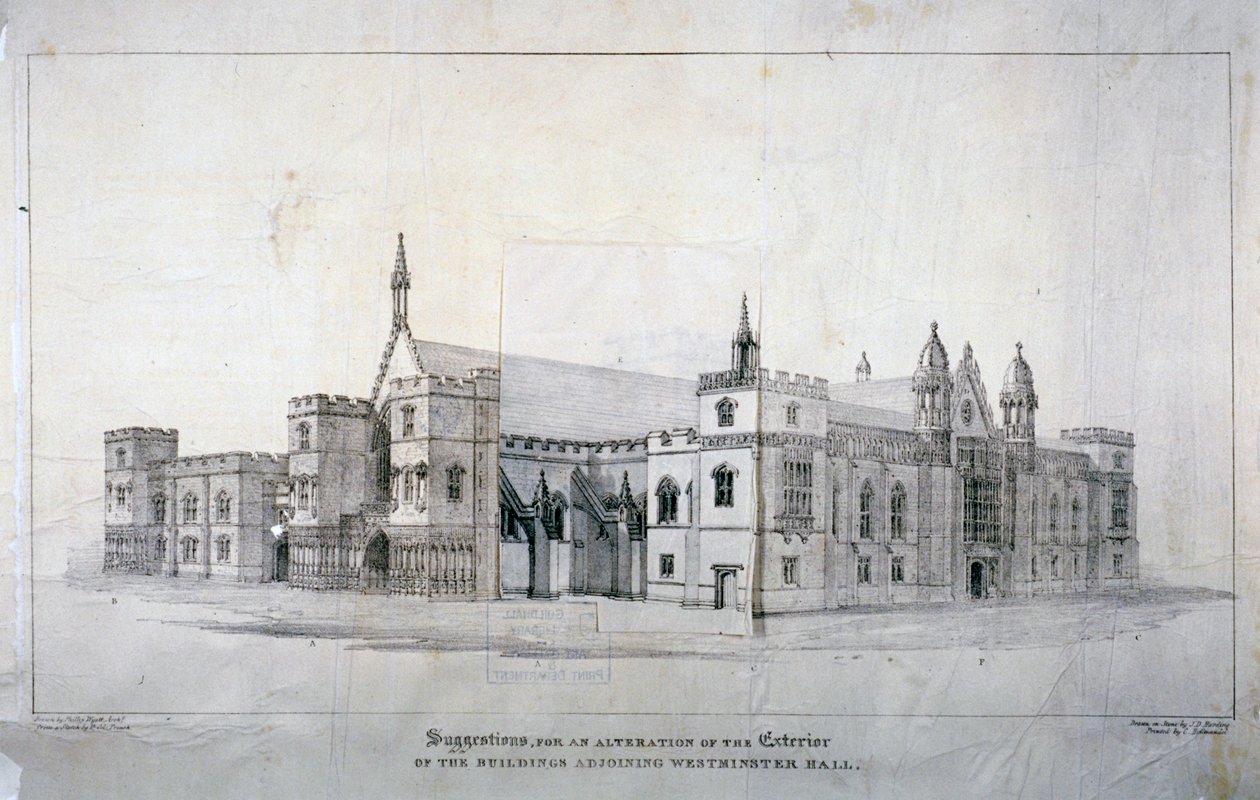 Forslag til ændringer af bygningerne ved siden af Westminster Hall, London, c1825. af James Duffield Harding