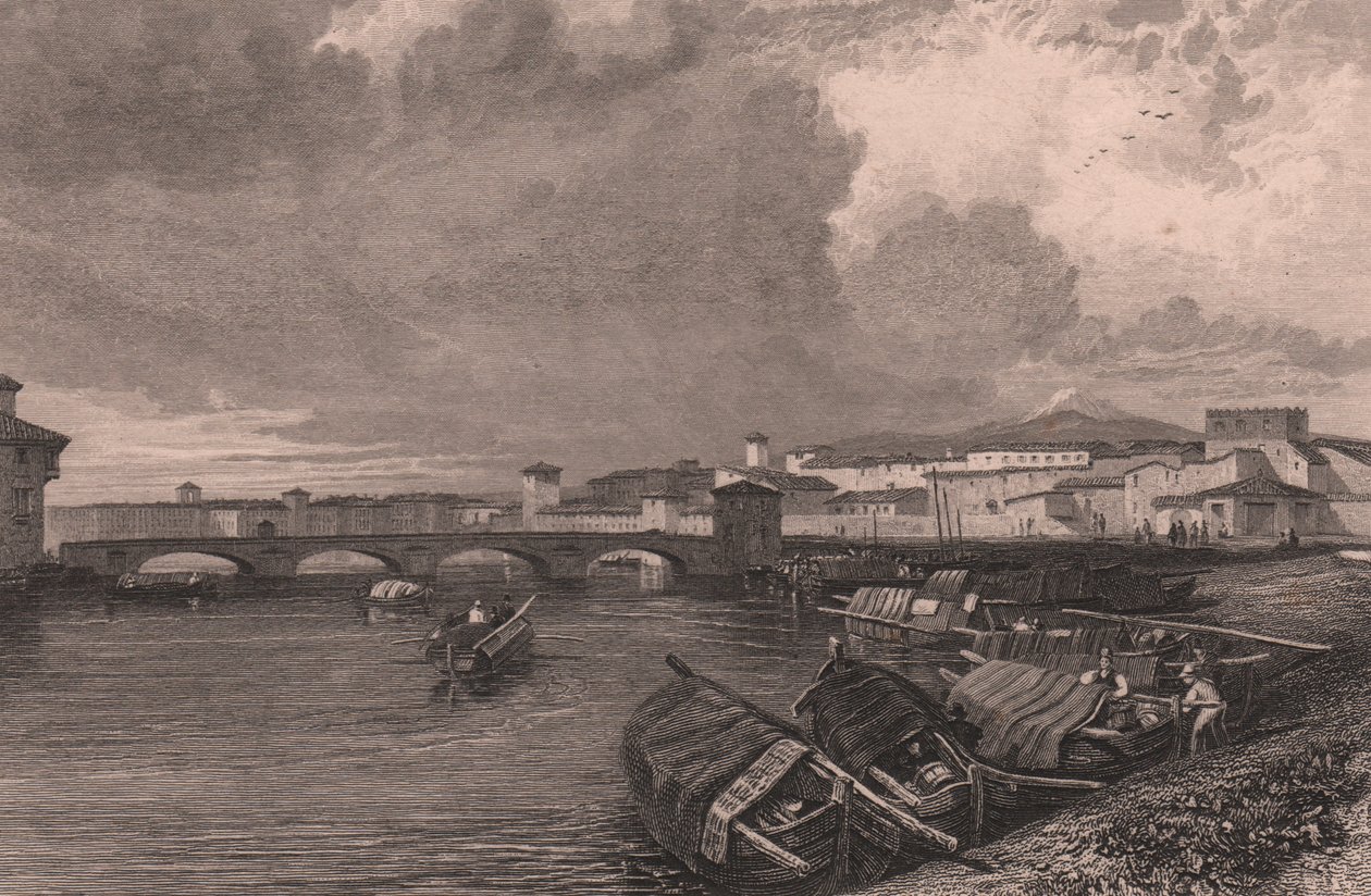 Udsigt over Arno-floden i Pisa, Toscana, Italien, stålgravering af Thomas Higham (1796-1844) efter tegning af James Duffield Harding (1798-1863) af James Duffield Harding