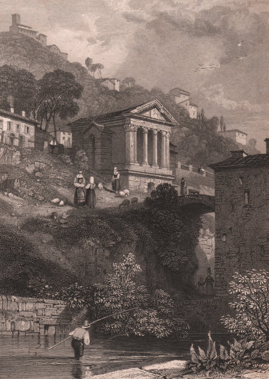 Udsigt over Clitumnus-templet langs Clitunno-floden nær Campello sul Clitunno, Umbrien, Italien, stålgravering af Jordan efter tegning af James Duffield Harding (1798-1863), ca. 10, 5x15 cm af James Duffield Harding