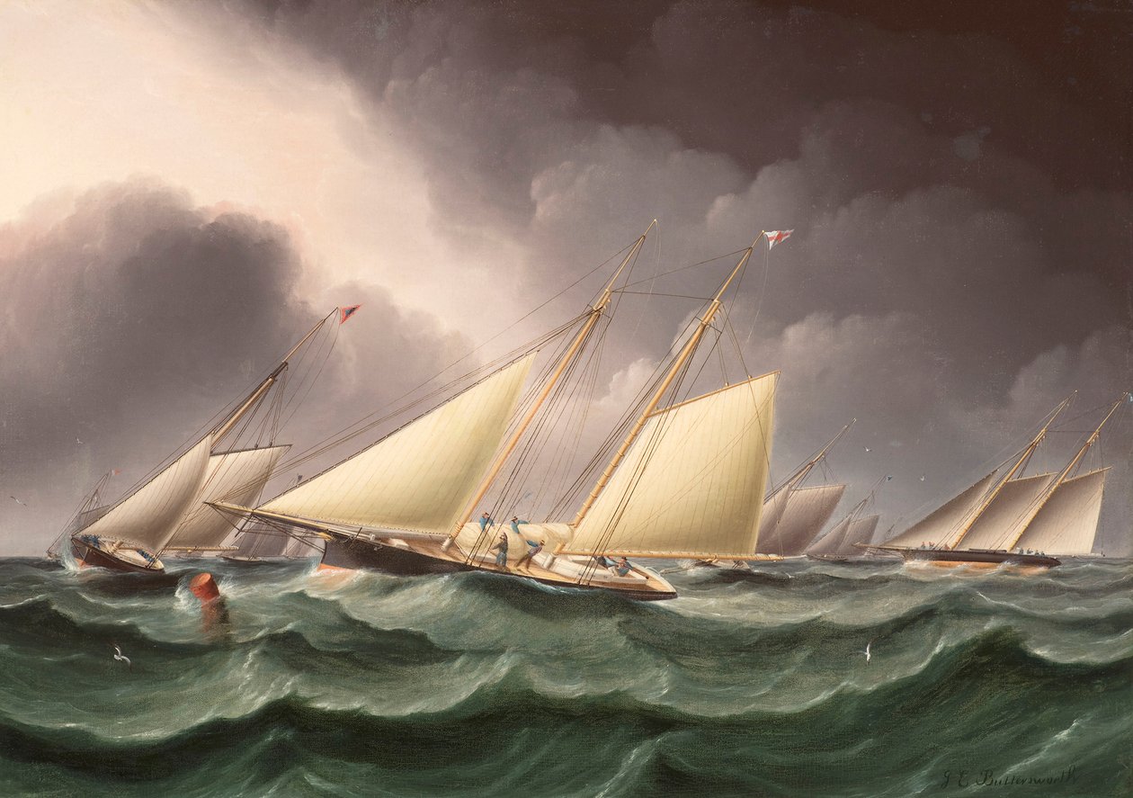 Columbia og Wenonah runder Southwest Spit Buoy af James E. Buttersworth af James E. Buttersworth