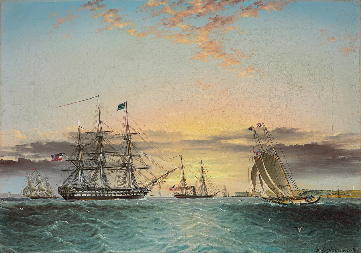 U.S.S. Ohio Under Tow i Lower Bay, New York med udsigt over Fort Hamilton af James E. Buttersworth