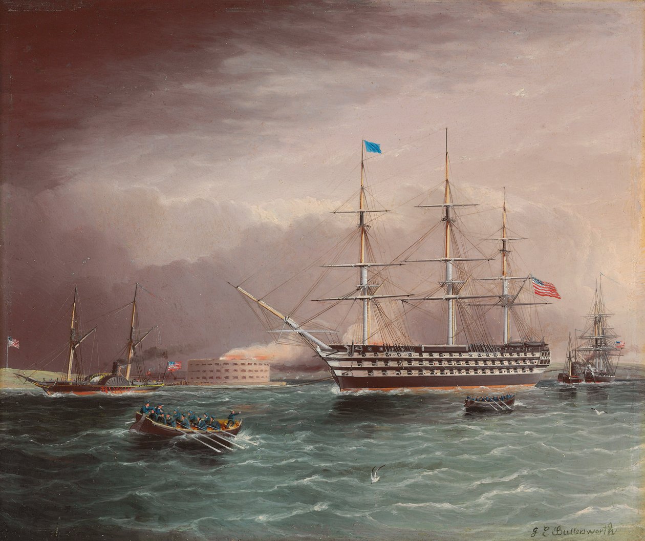 U.S.S. Pennsylvania under slæb ved udbruddet af den amerikanske borgerkrig med Fort Monroe i baggrunden af James E. Buttersworth