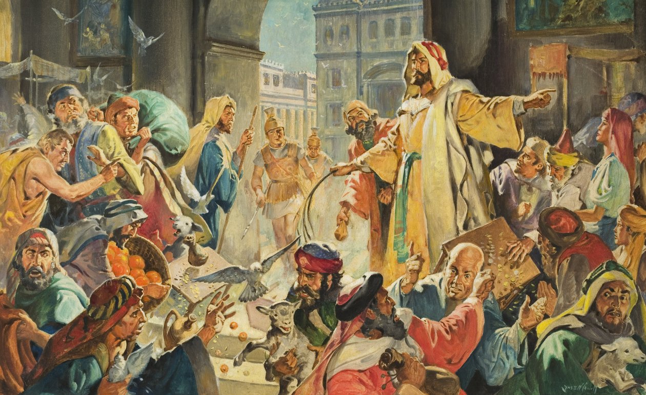 Jesus fjerner pengeudlånerne fra templet (gouache på papir) af James Edwin McConnell
