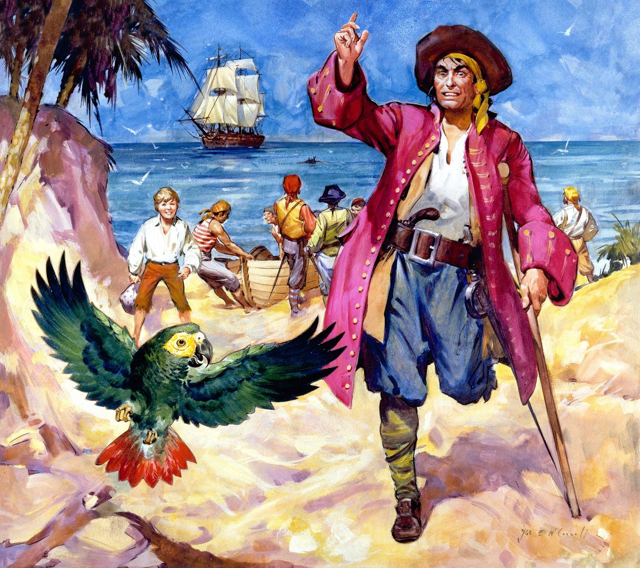 Long John Silver og hans papegøje (gouache på papir) af James Edwin McConnell